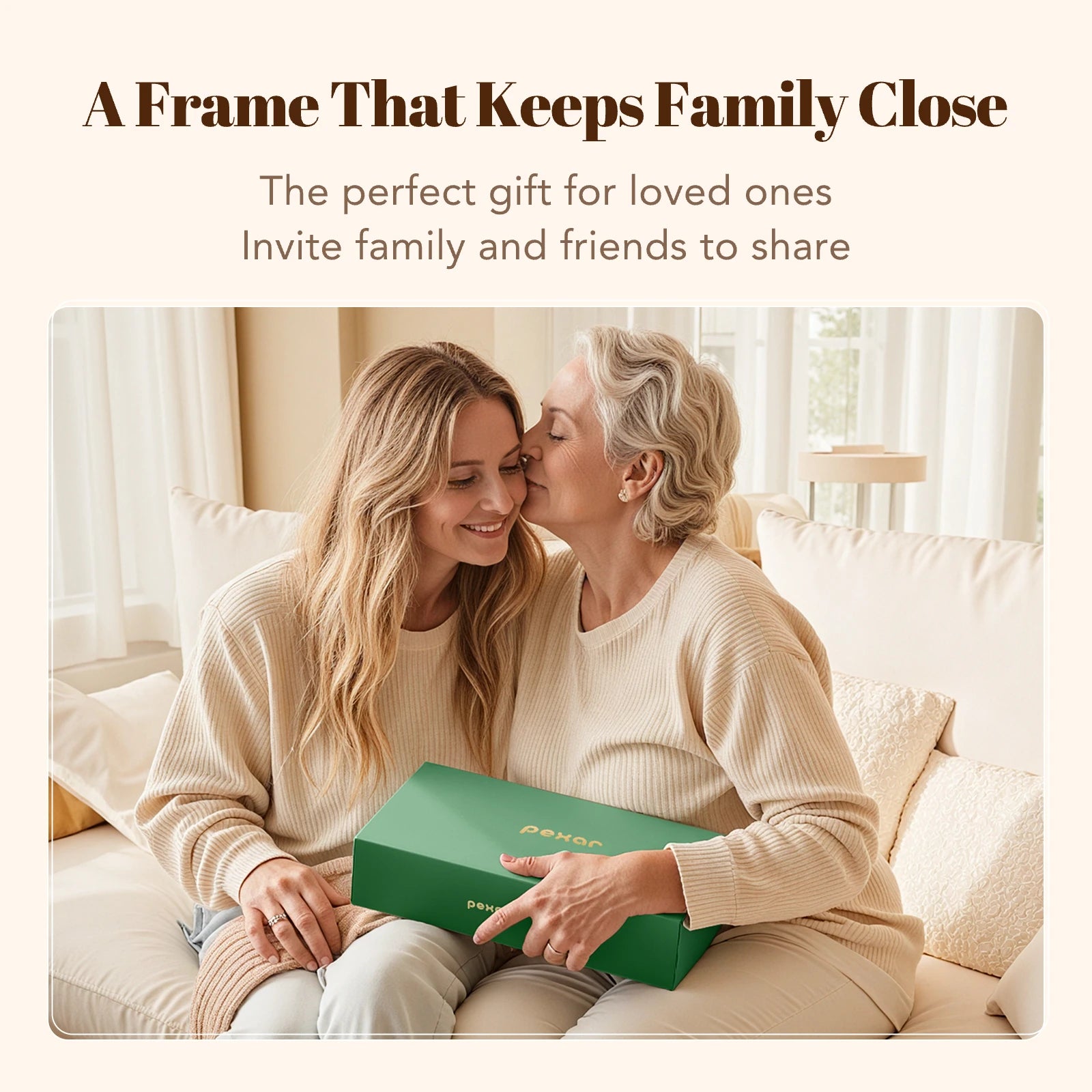 Senior mother kissing her adult daughter on a sofa while holding a Pexar sand 2K digital picture frame gift box