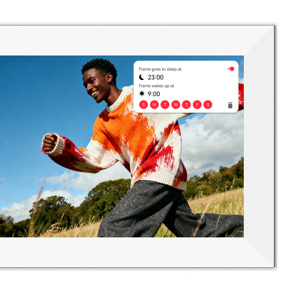 Person in an orange sweater with a digital clock overlay in a natural setting