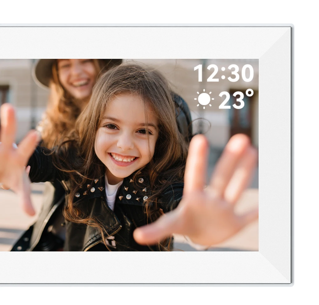 Digital photo frame displaying a smiling girl and a woman, with time and temperature on screen