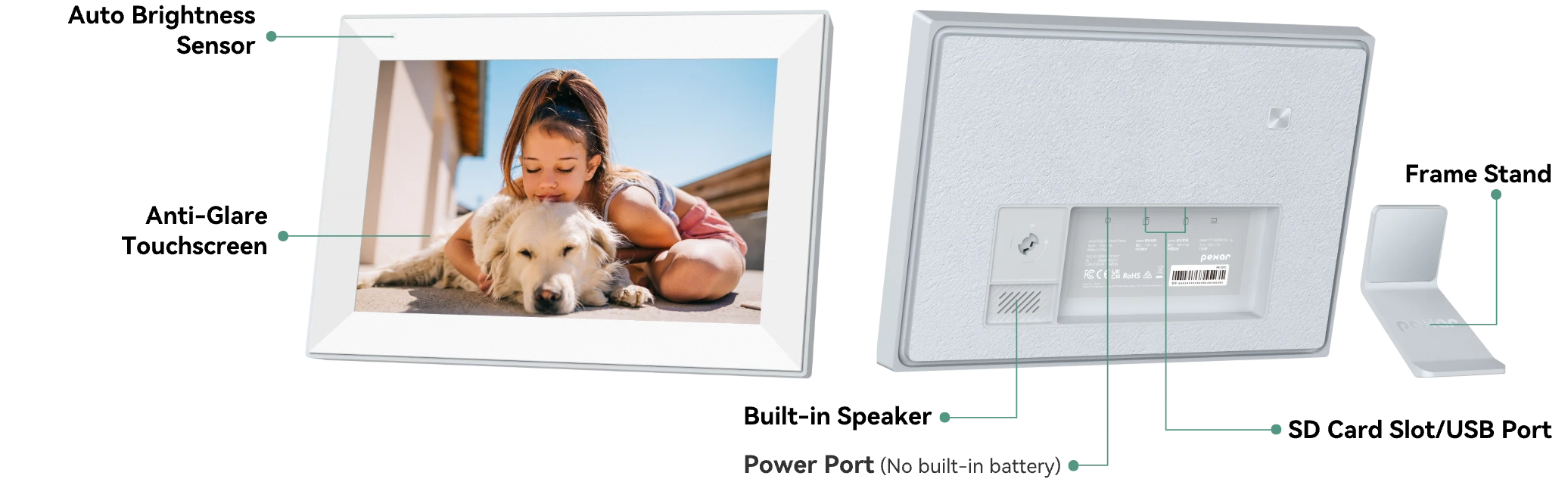 pexar Digital photo frame with features highlighted on a white background