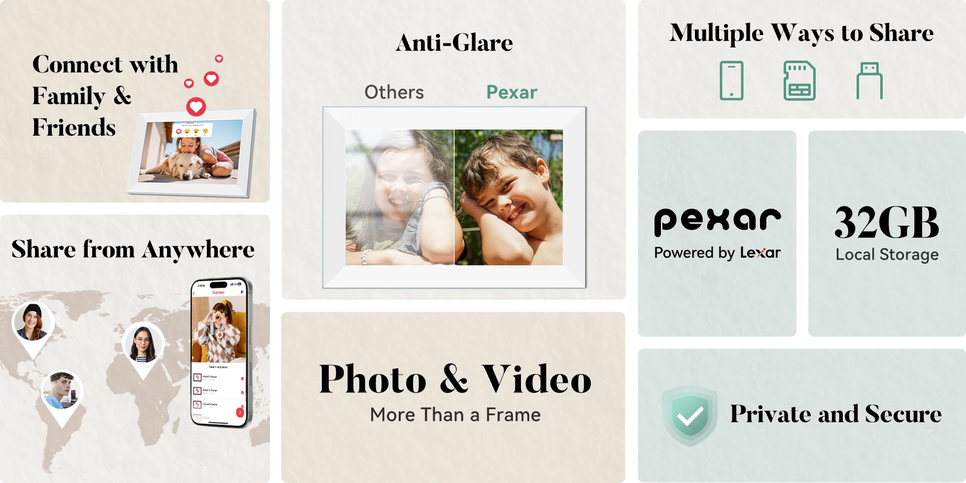Promotional graphic for a photo and video sharing app with features and branding information. pexar digital picture frames Key selling point