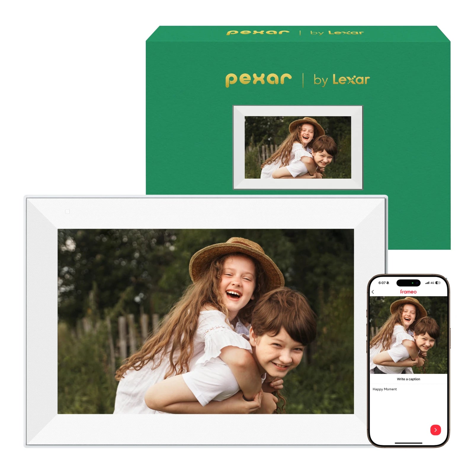 Pexar by Lexar photo frame with digital display and smartphone app showing a photo of two children. pexar 10.1 terra Digital photo frame, pexar Digital photo frame and frameo APP on the phone
