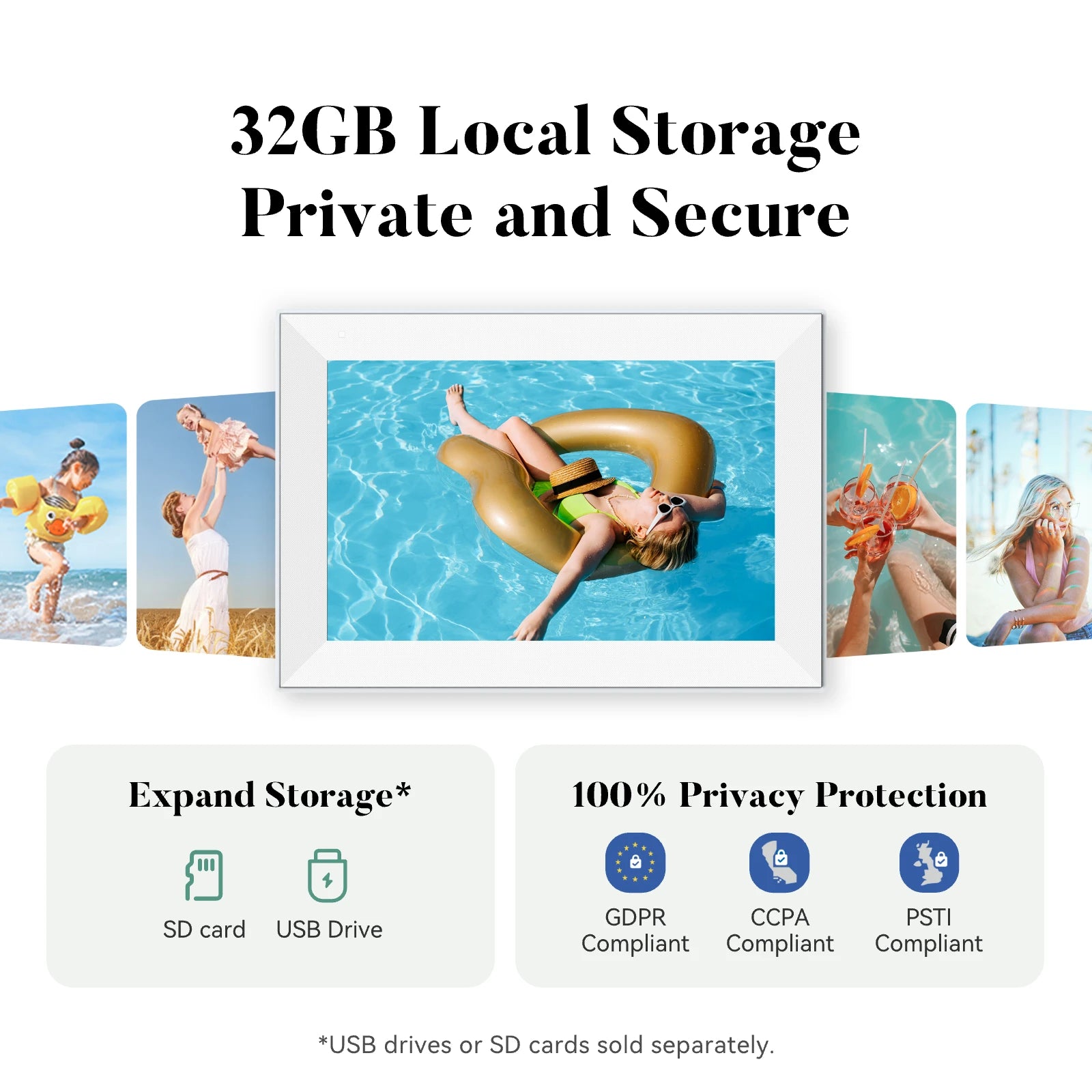 Digital photo frame with images of people by the pool, text about storage capacity and compliance, and icons for expandable storage options.