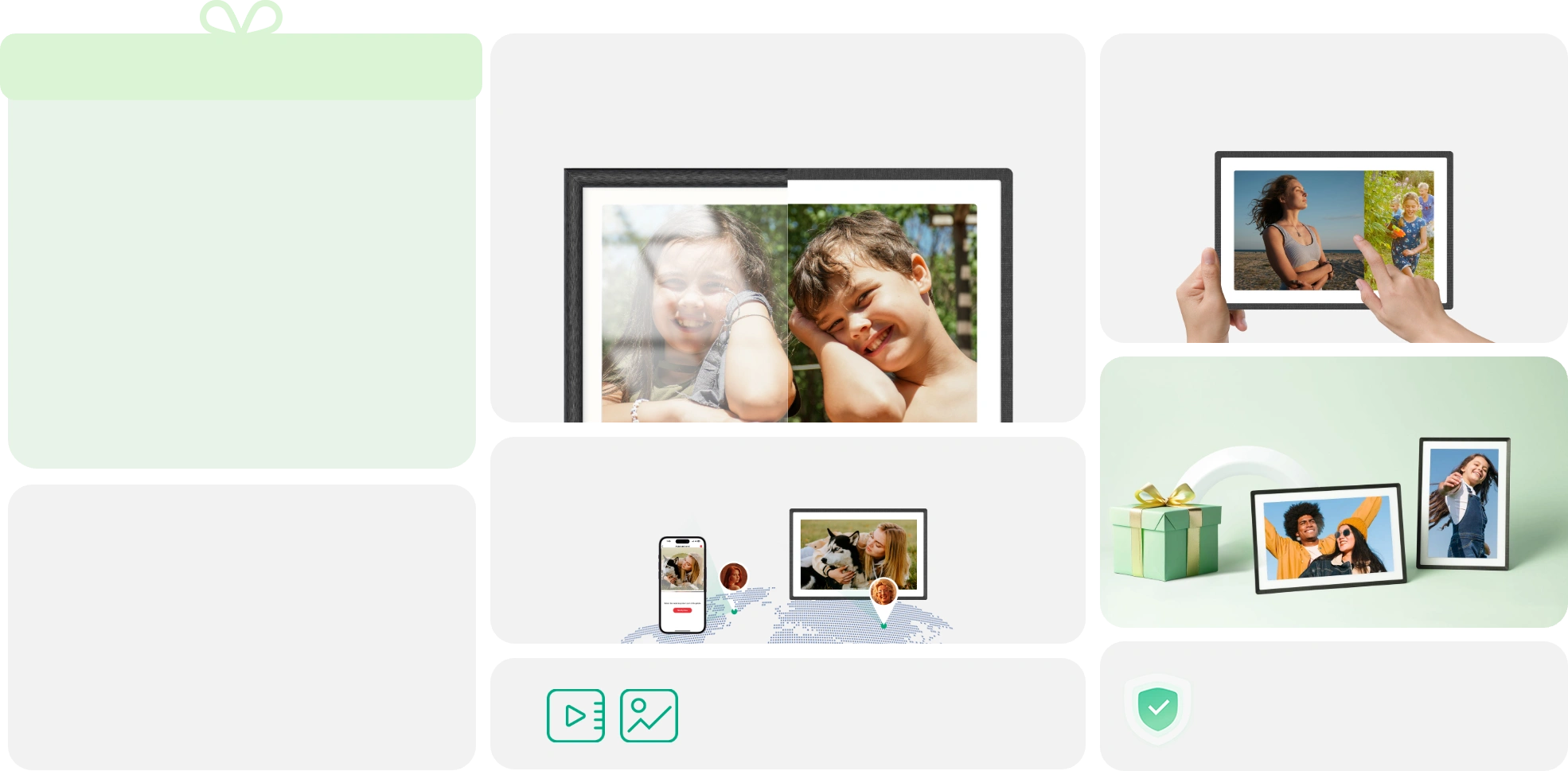 Sand 2K digital picture frame feature overview — anti-glare screen, remote photo sharing and gifting scenes