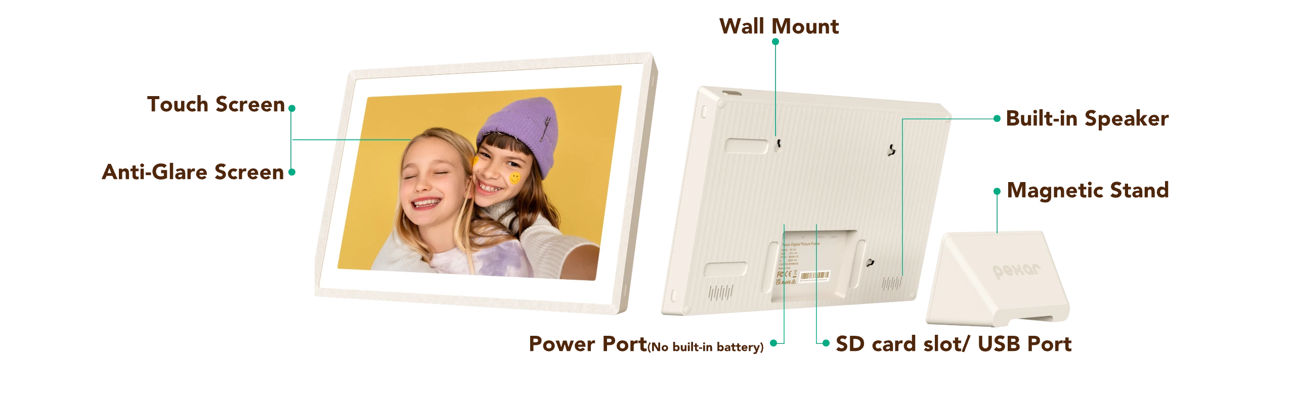 Exploded view of a sand 2K digital picture frame labeling its touch screen, built-in speaker, wall mount, magnetic stand and ports