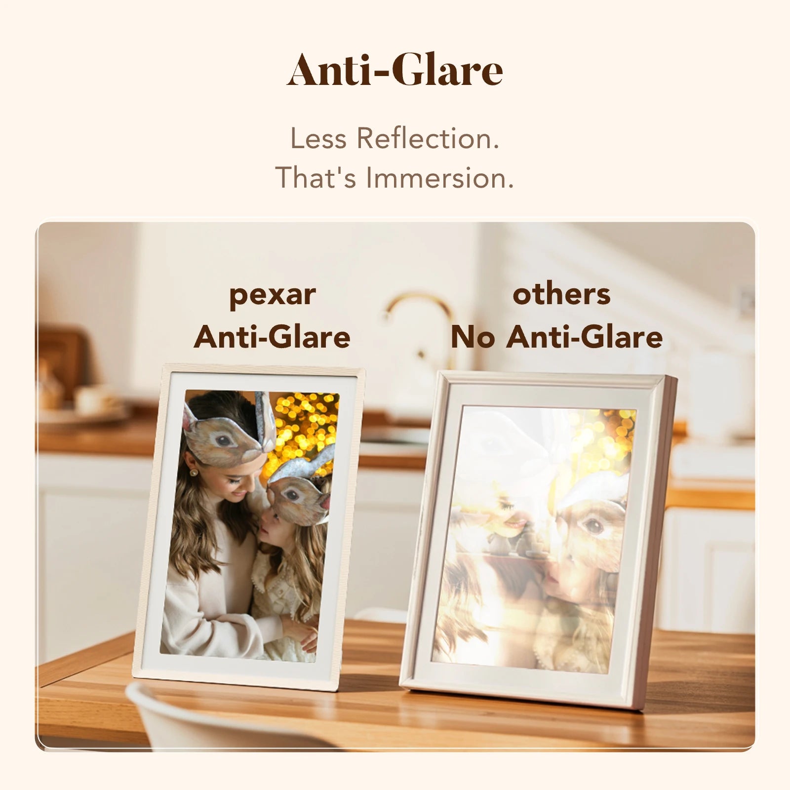 Two frames comparing a Pexar anti-glare sand 2K digital picture frame with a glossy non-anti-glare frame in bright light