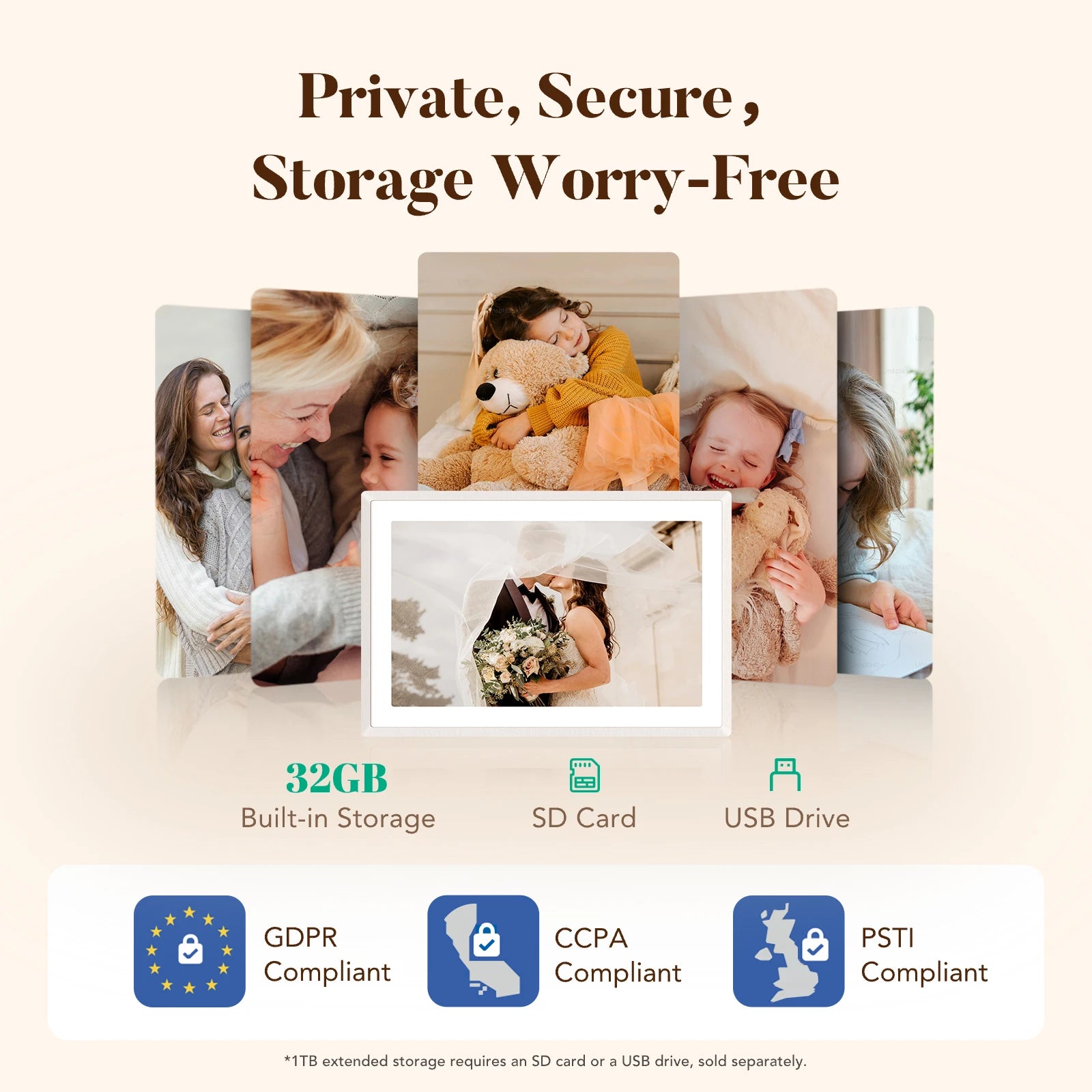 Sand 2K digital picture frame surrounded by family photos, showing 32GB, SD and USB storage plus GDPR, CCPA and PSTI privacy compliance