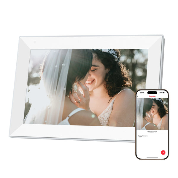 Pexar 10.1" Terra WiFi digital picture frame displaying a wedding couple photo shared from a smartphone