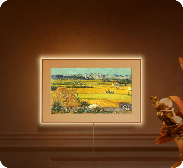 A framed landscape painting of rolling fields and undulating hills, executed in the iconic, expressive style of Vincent van Gogh.