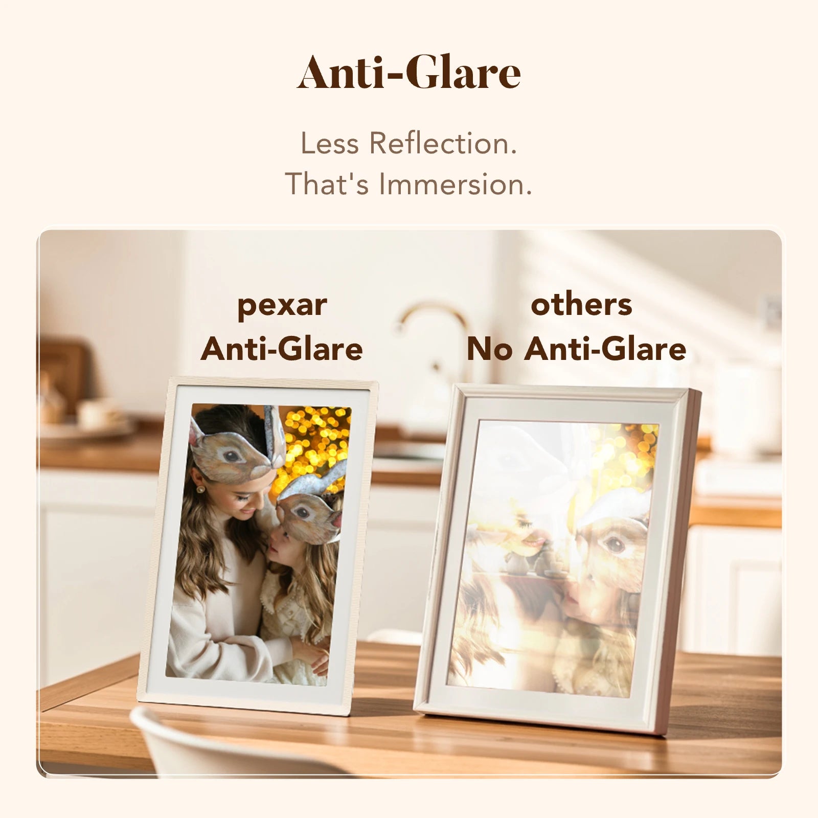 Two frames comparing a Pexar anti-glare sand 2K digital picture frame with a glossy non-anti-glare frame in bright light