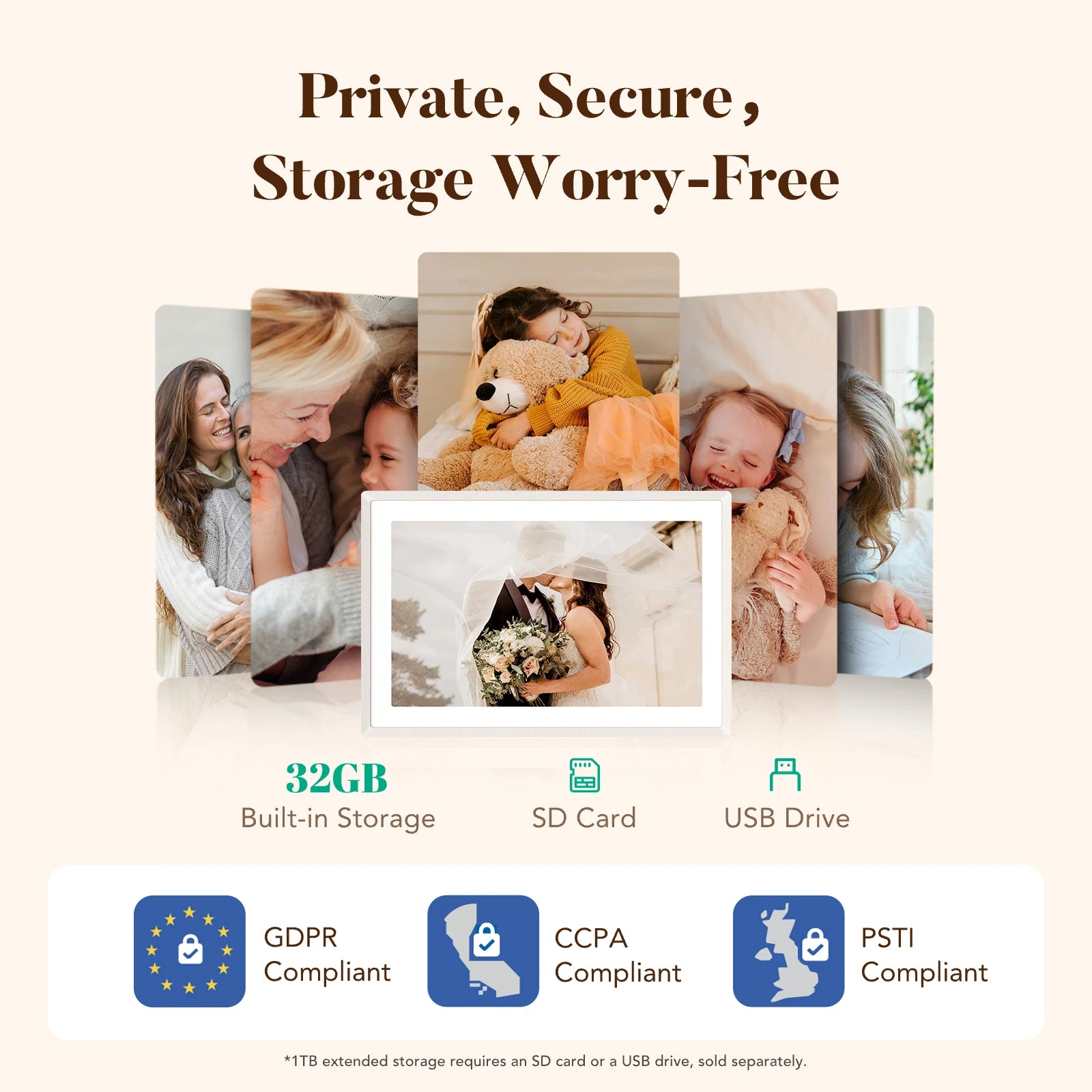 Sand 2K digital picture frame surrounded by family photos, showing 32GB, SD and USB storage plus GDPR, CCPA and PSTI privacy compliance