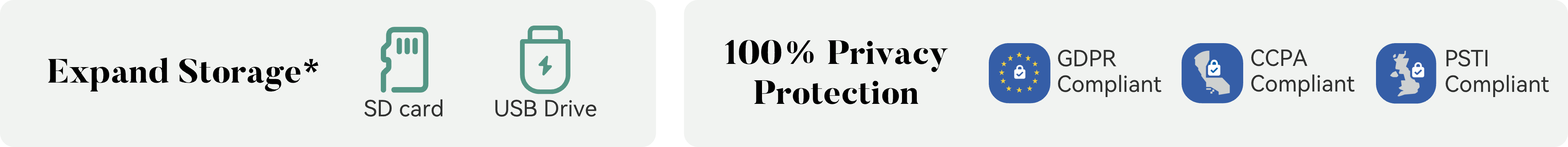 Set of icons and text related to expand storage, privacy protection, and compliance.