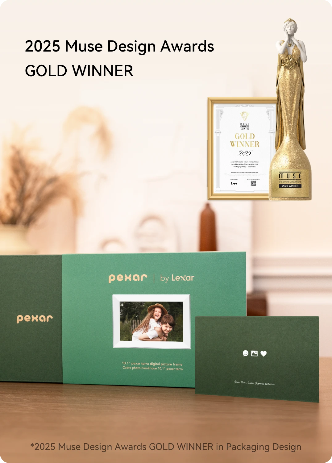 Pexar photo frame with award and certificate on a wooden surface, featuring 2025 Muse Design Awards Gold Winner text.