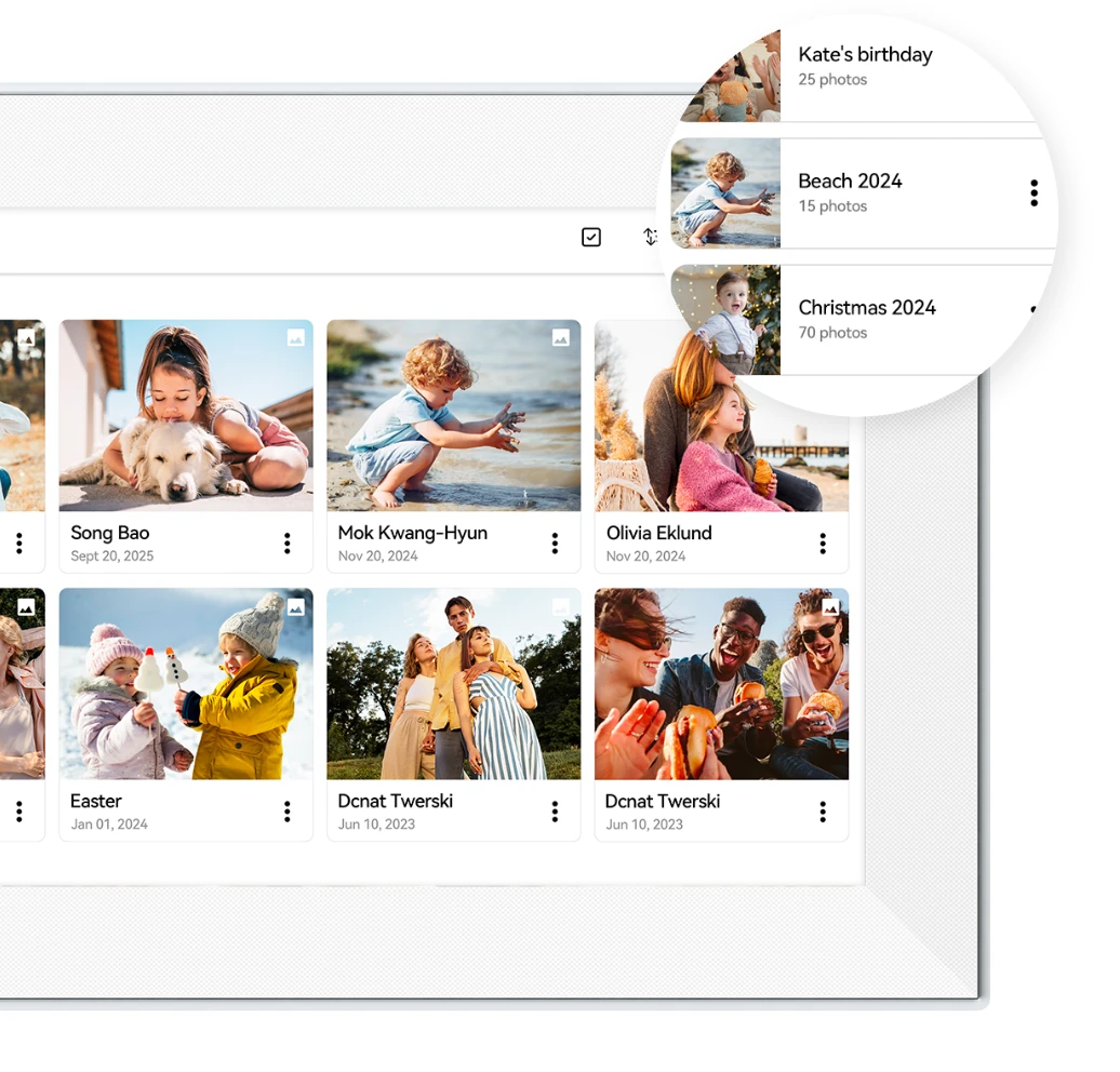 Digital photo album app interface with photo thumbnails and labels on a white background