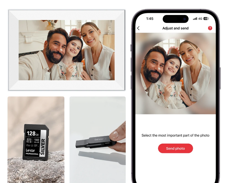 Smart photo frame displaying a family photo, with a smartphone app interface on the right, Pexar 10.1 inch digital picture frame and app on the phone
