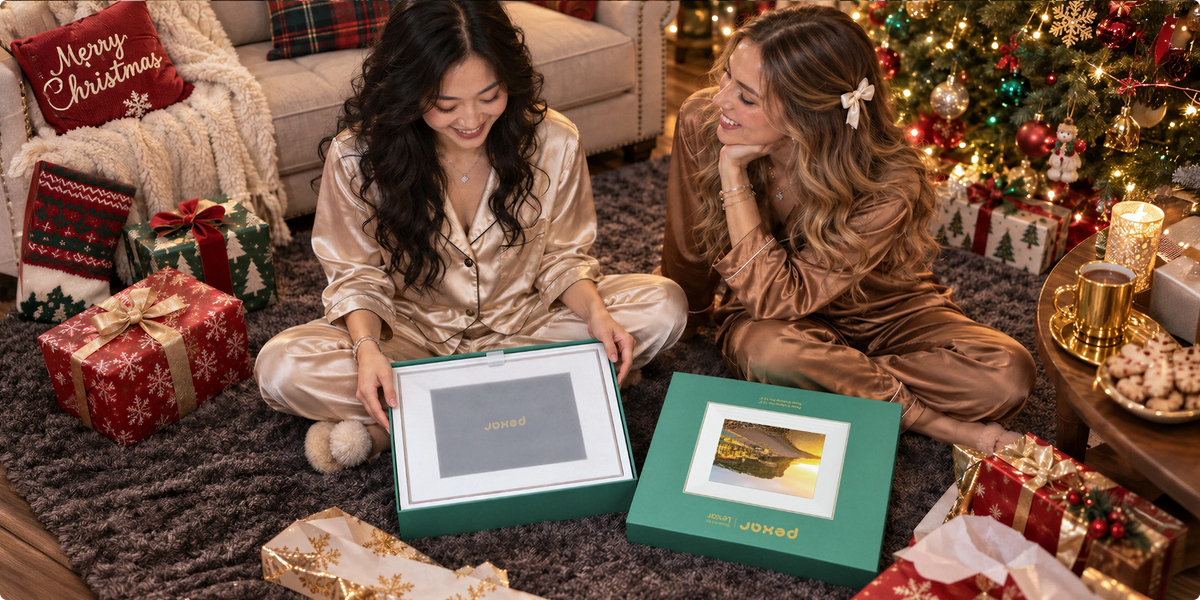 Two friends in satin pajamas unboxing Pexar digital picture frames by the Christmas tree