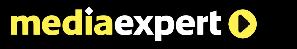 Logo of mediaexpert with a yellow play button on a black background