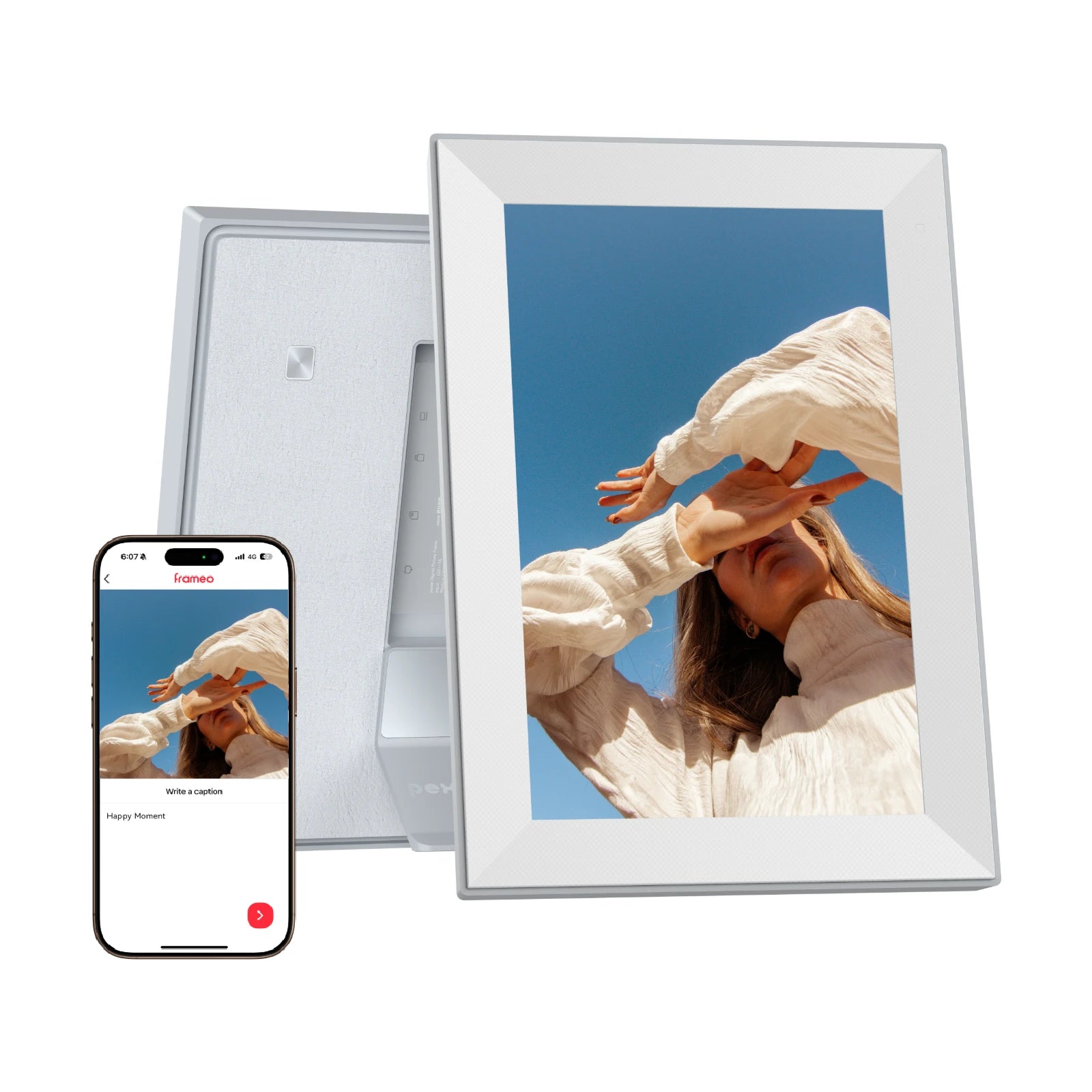Digital photo frame displaying a couple, with a smartphone showing the same image. PEXAR 10.1 terra digital photo frame, power by lexar