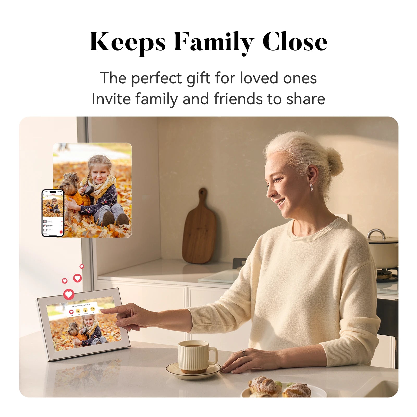 Woman using a digital photo frame with a display of family photos, text 'Keeps Family Close' above. the perfect gift for loved ones invite family and friends to share