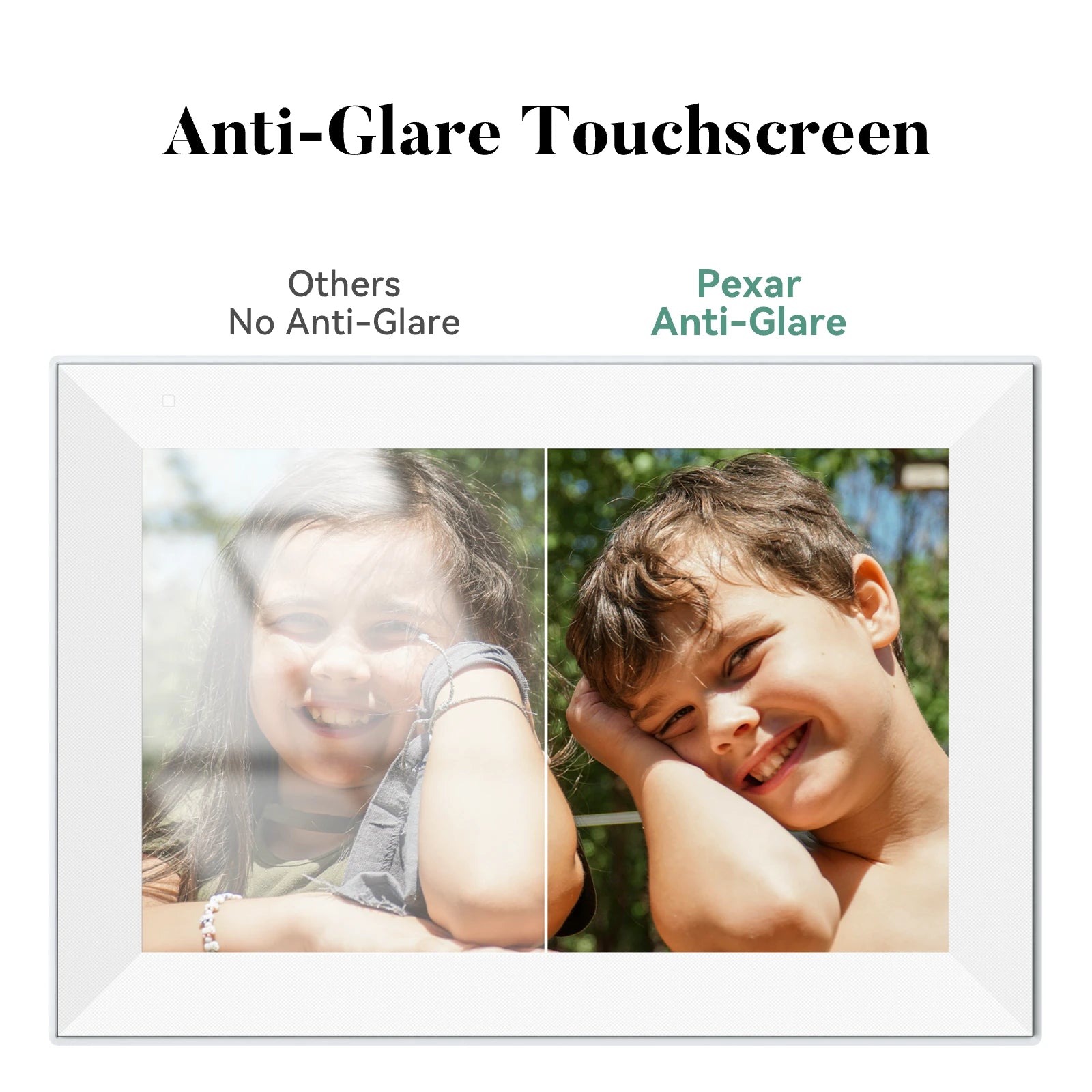 Comparison of anti-glare touchscreen effect on two children's faces, one with 'Others' no anti-glare and the other with 'Pexar' anti-glare.