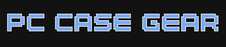 Pixelated 'PC CASE GEAR' text on a black background