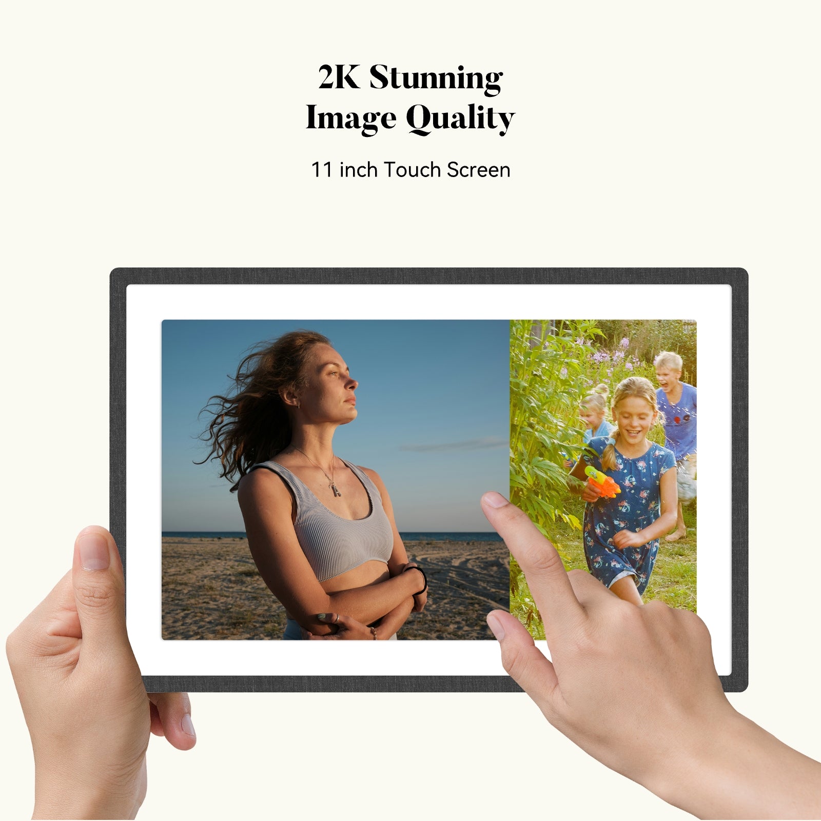 Hand holding Pexar App Version 11 inch touch screen smart digital picture frame