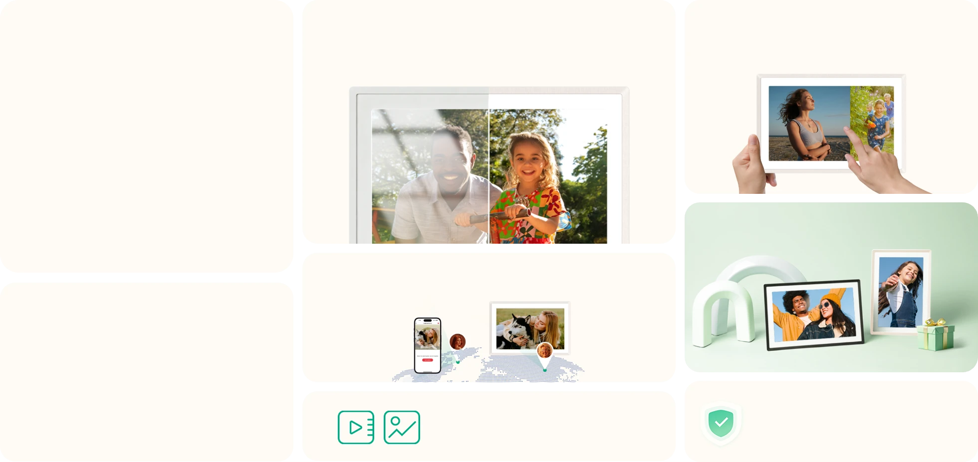 Feature collage of a sand 2K digital picture frame showing anti-glare display, easy phone sharing and gift-ready design