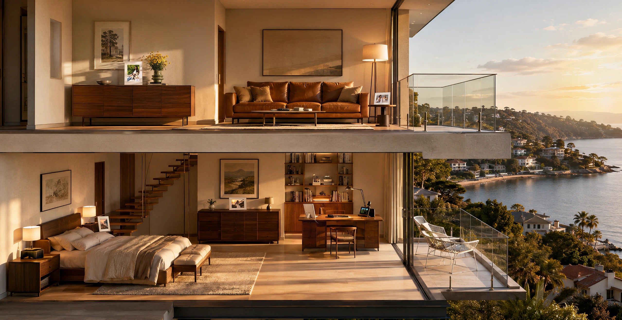 Cutaway of a hillside home with a frame in every room