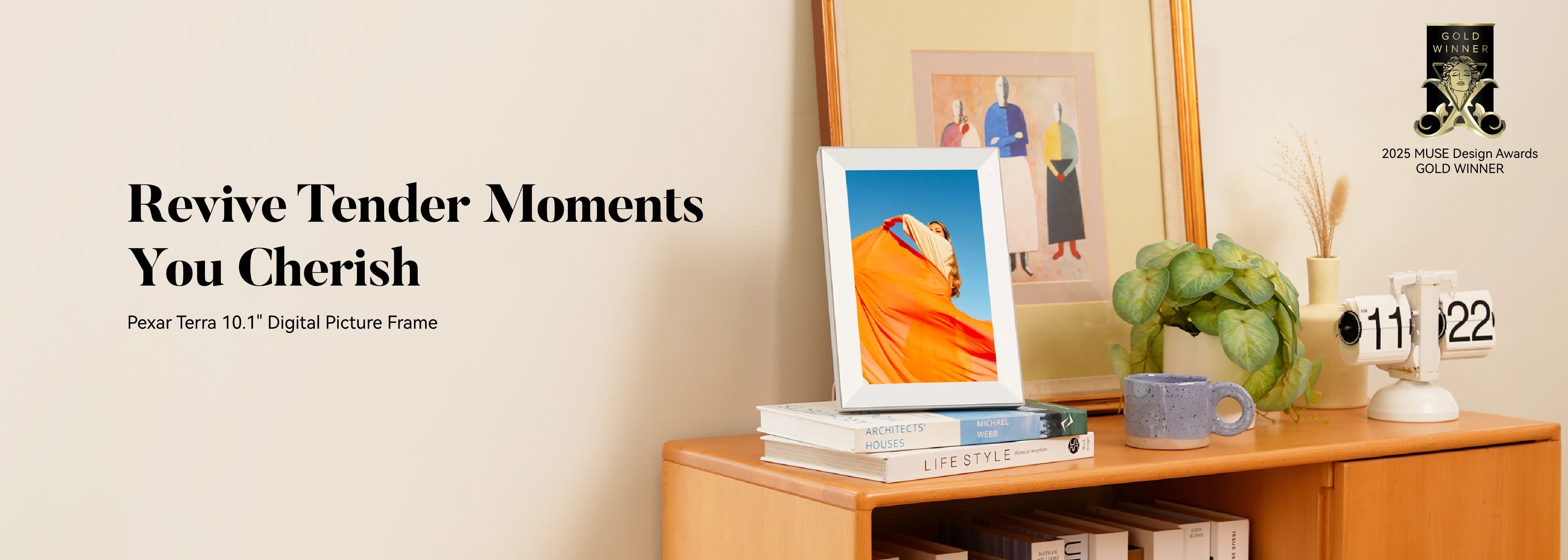 pexar Digital picture frame on a wooden surface with decorative items, featuring text 'Revive Tender Moments You Cherish'. 2025 muse design awards