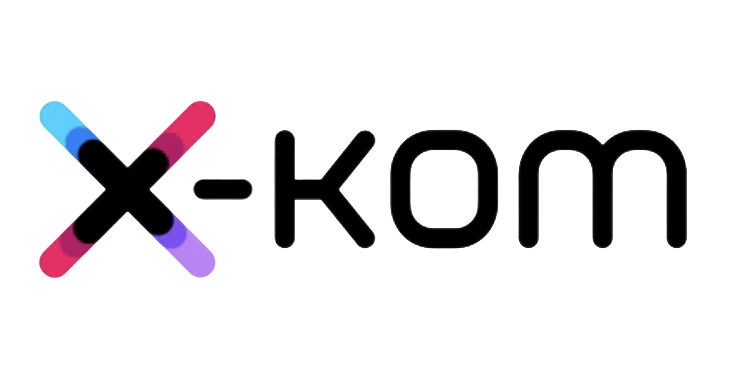 X-kom logo with colorful 'X' on a white background