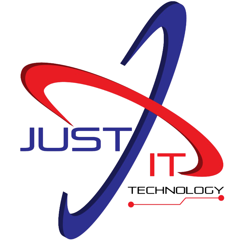 Logo of Just IT Technology with red and blue swooshes on a white background