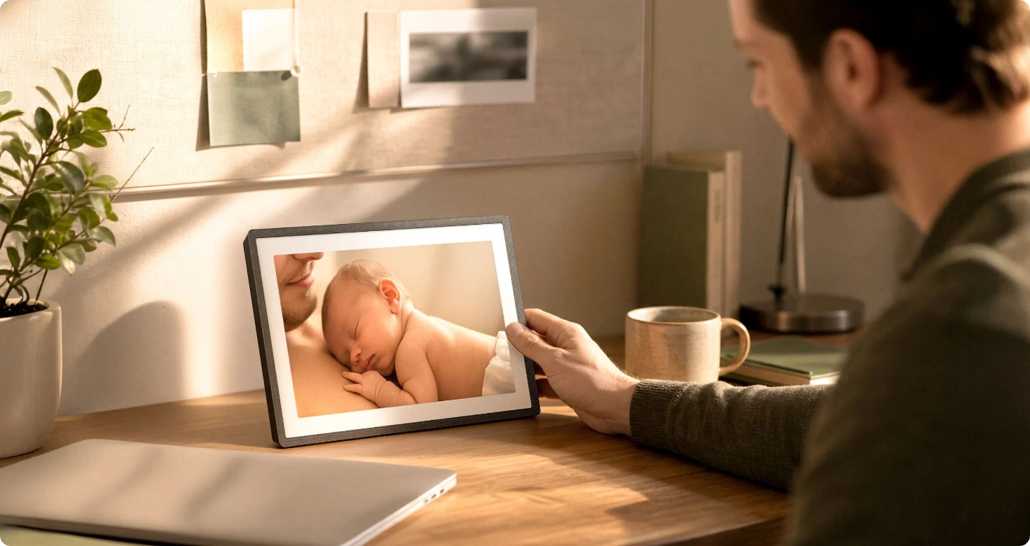 Dad looking at a Pexar 2K digital photo frame on his desk showing his newborn asleep on his chest