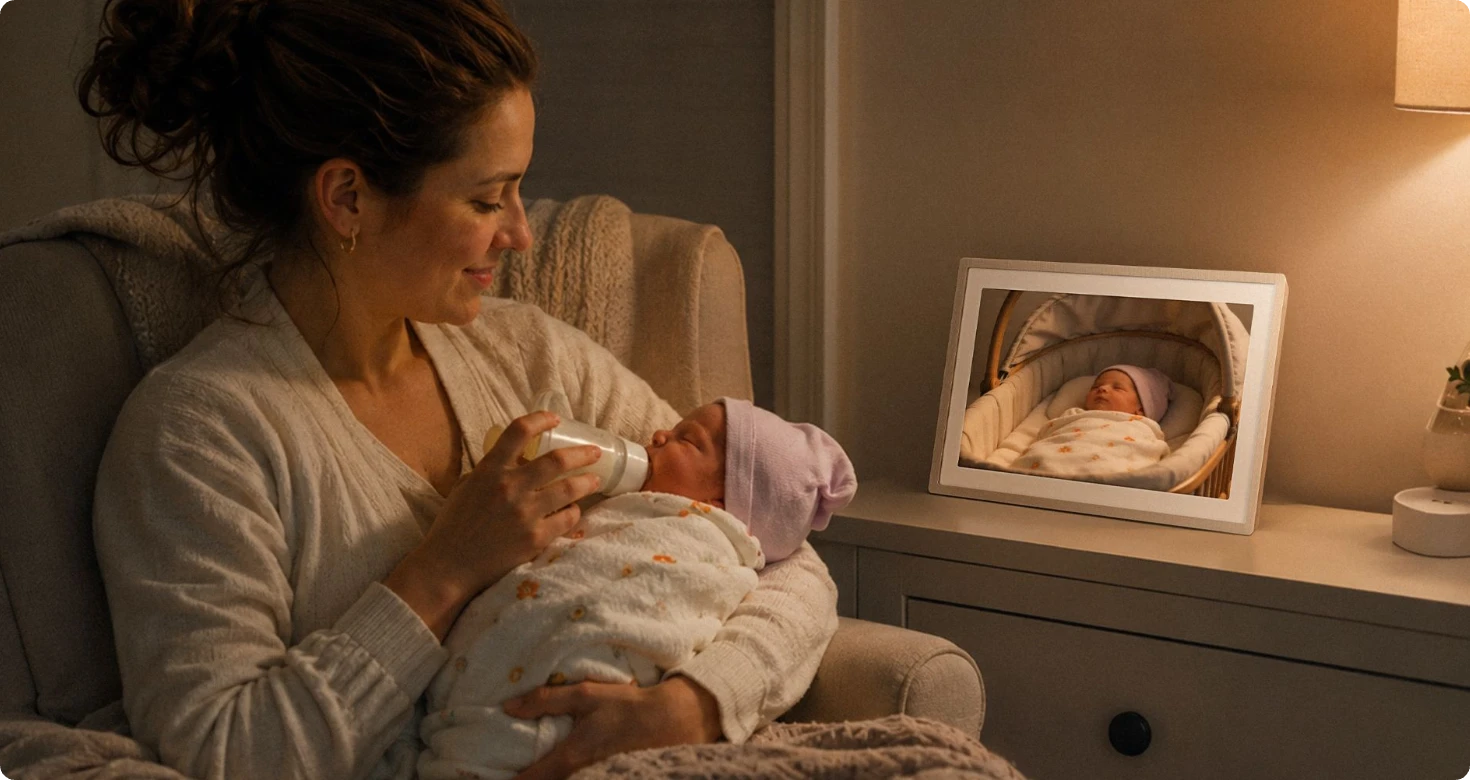 Mom bottle-feeding her newborn at night beside a glowing Pexar 2K digital photo frame showing the sleeping baby