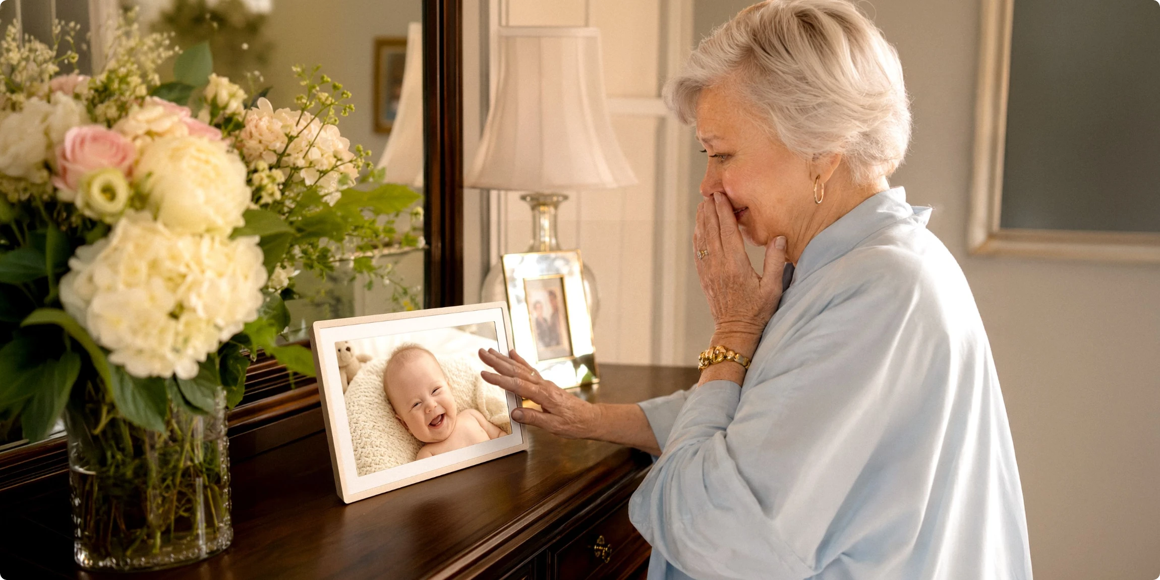 Emotional grandmother smiling at her new grandbaby's photo on a Pexar digital photo frame at home