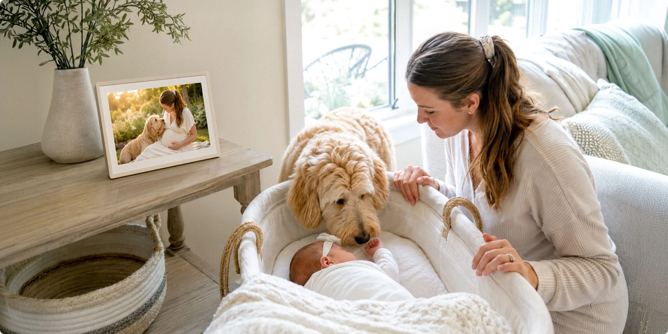 New mom beside her newborn's bassinet and the family dog, with a maternity photo on a Pexar digital photo frame