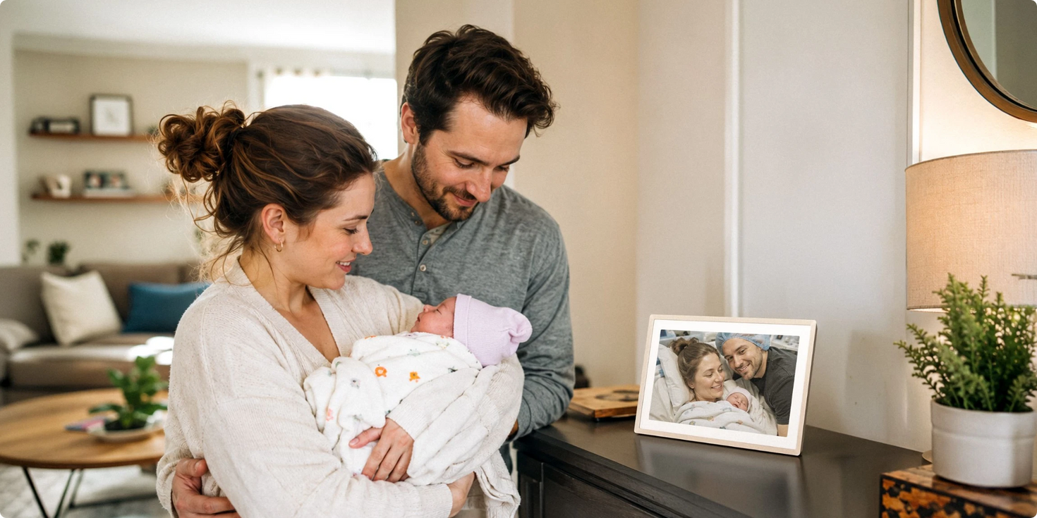 New parents holding their newborn at home next to a Pexar digital photo frame displaying a hospital photo of the baby