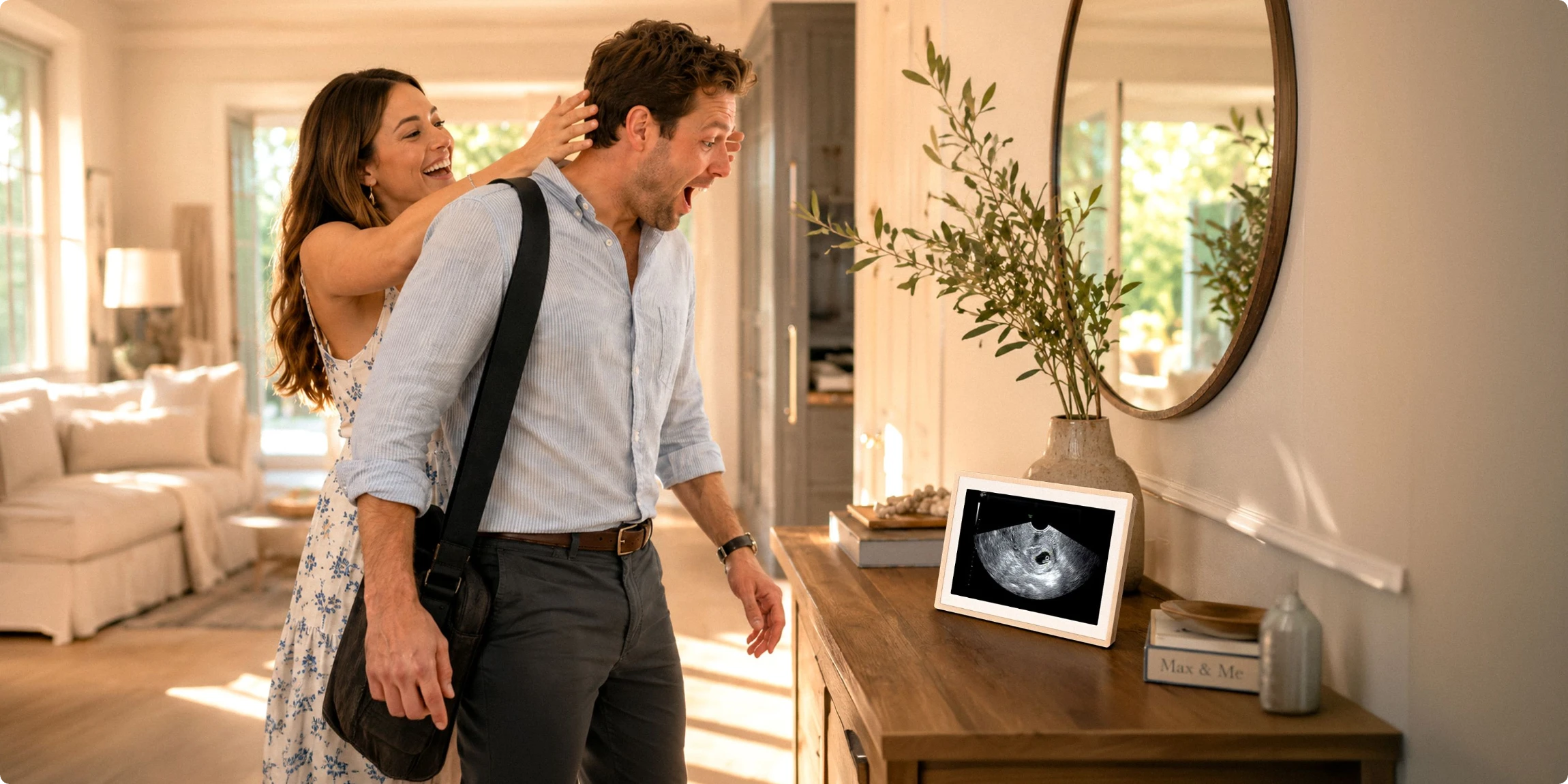 Expecting couple celebrating a pregnancy reveal at home, with the baby's first ultrasound shown on a Pexar digital photo frame