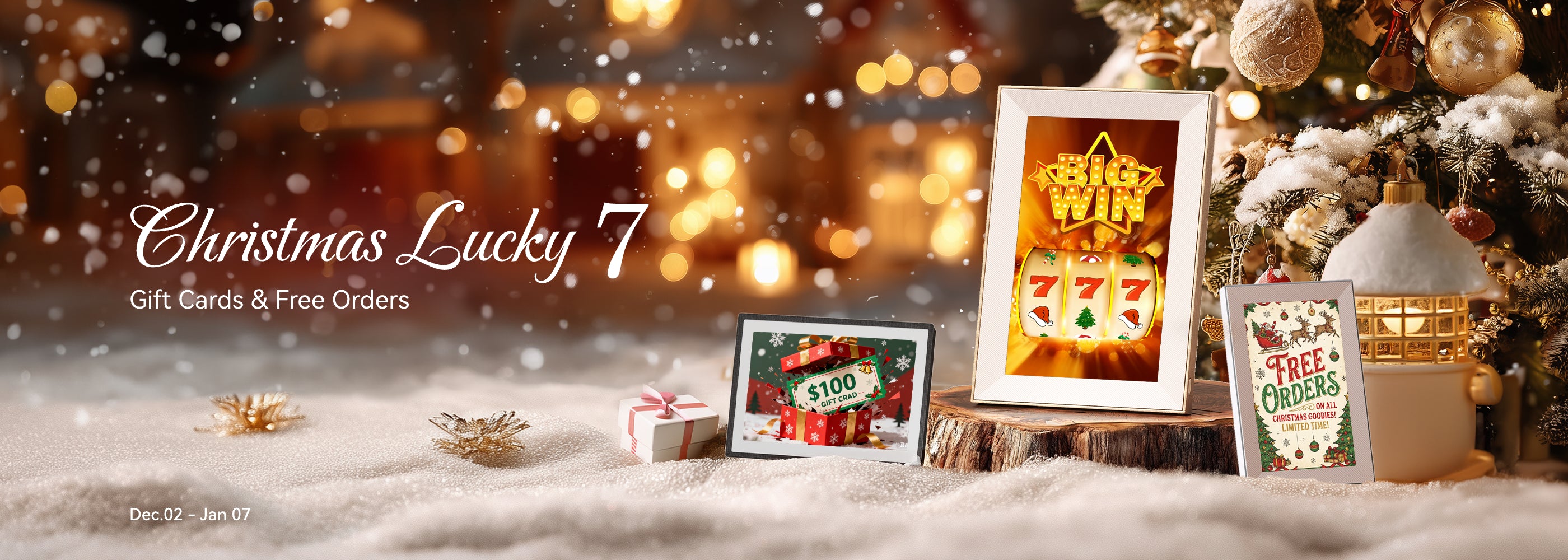 Christmas-themed gift card display with decorative items and festive lights.